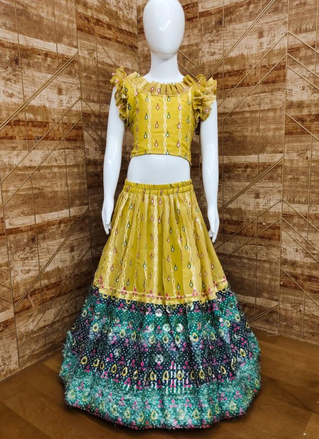 Heavy Georgette  Yellow Party Wear Embroidery Work Kids Lehenga Choli